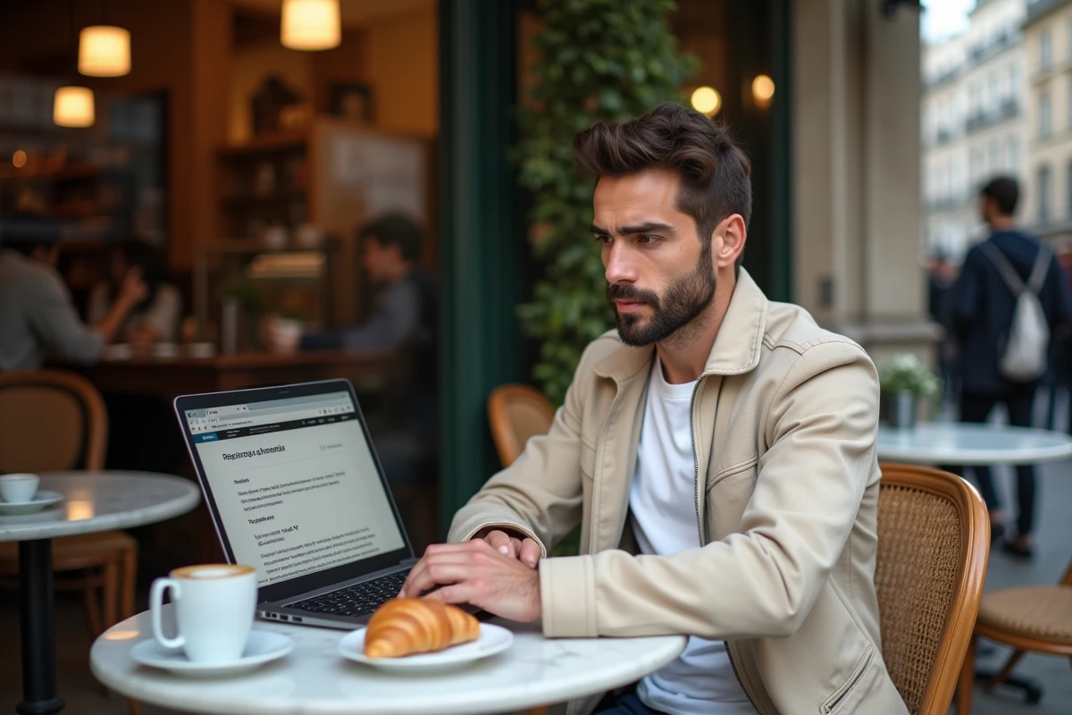 Jeune homme dans un café parisien consultant un exercice en ligne sur la majuscule de la lettre Y en français sur son ordinateur portable