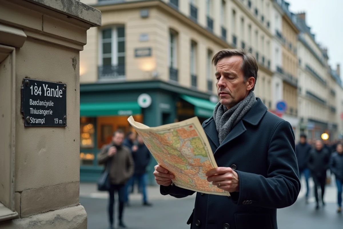 Homme consultant une carte pour trouver une civette à Paris dans un quartier animé