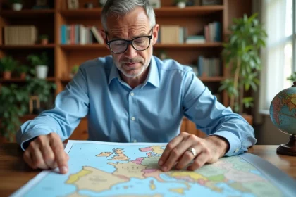 Homme en chemise bleue examine une carte de l'Allemagne