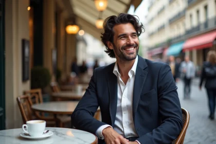 Homme élégant au style français vintage assis à une terrasse de café parisien, sourire chaleureux, évoquant la vie amoureuse et le charme parisien