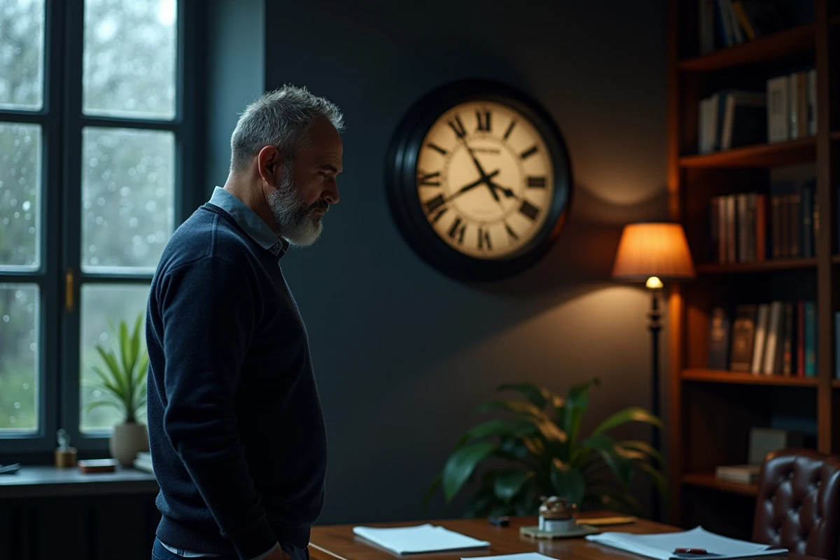 Homme observant une horloge analogique affichant 11h11 dans une bibliothèque, symbolisant la quête de sens et les synchronicités
