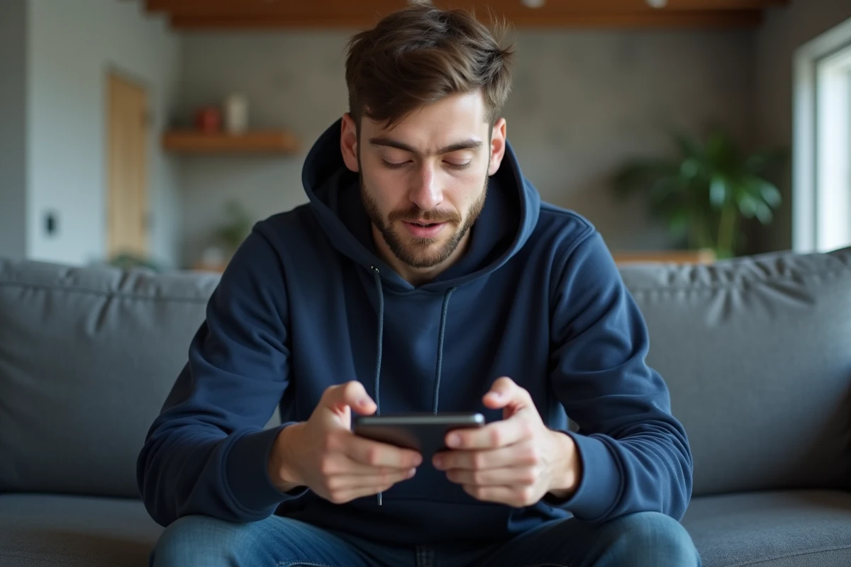 Jeune homme jouant à un jeu mobile sur iPhone 12 dans un salon moderne, mettant en valeur le format de l'écran pour les jeux vidéo