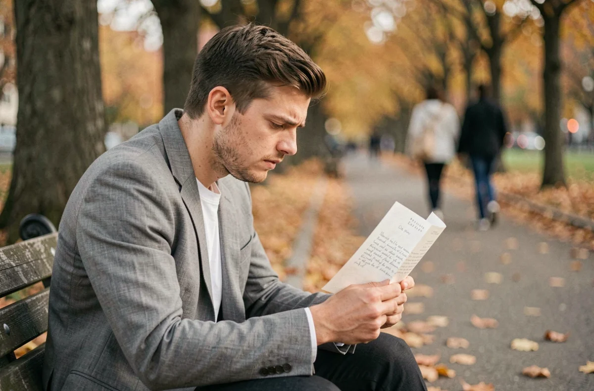 Homme lisant une lettre sur un banc de parc à l'automne, visage pensif face à une déclaration ambiguë entre amour et amitié
