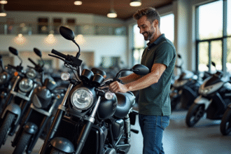 Homme souriant inspectant une moto Dax neuve en showroom