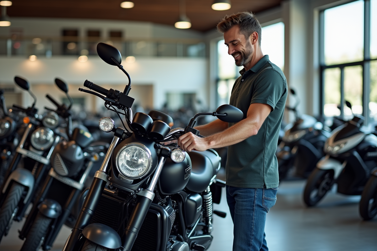 Homme souriant inspectant une moto Dax neuve en showroom