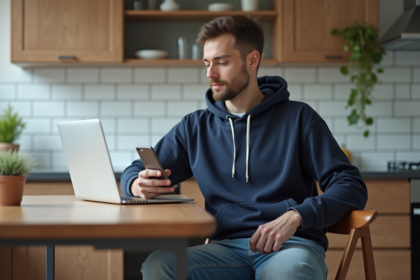Homme en hoodie assis à la cuisine avec ordinateur et smartphone