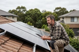 Homme inspectant des panneaux solaires sur un toit ensoleillé