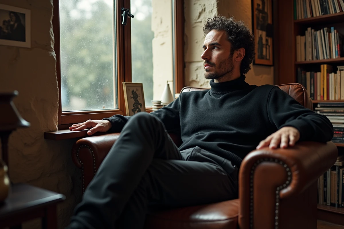 Homme pensif aux cheveux bouclés assis dans un fauteuil en cuir dans un appartement parisien vintage, ambiance nostalgique et romantique