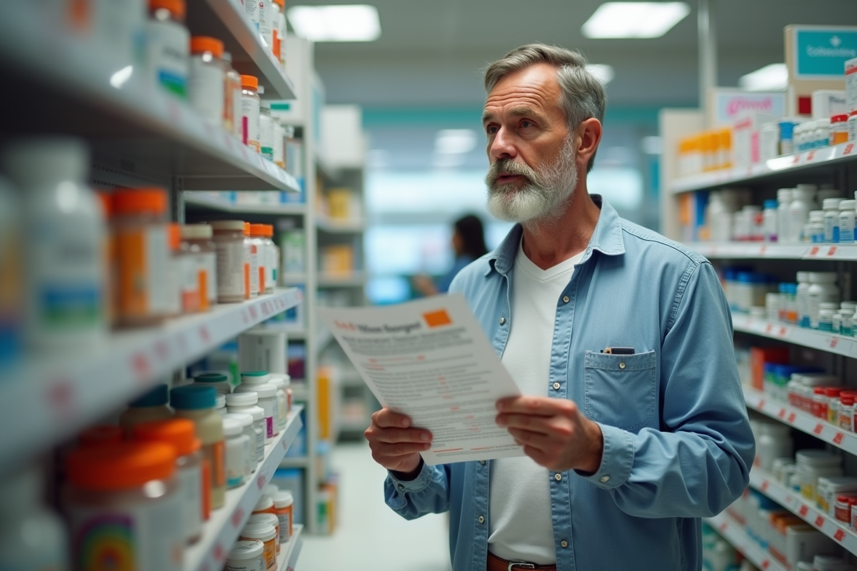 Homme discutant avec un pharmacien en pharmacie
