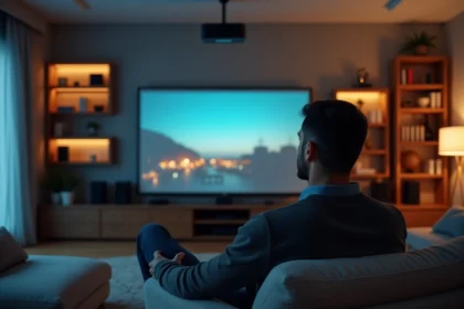 Homme comparant deux écrans dans un salon cosy