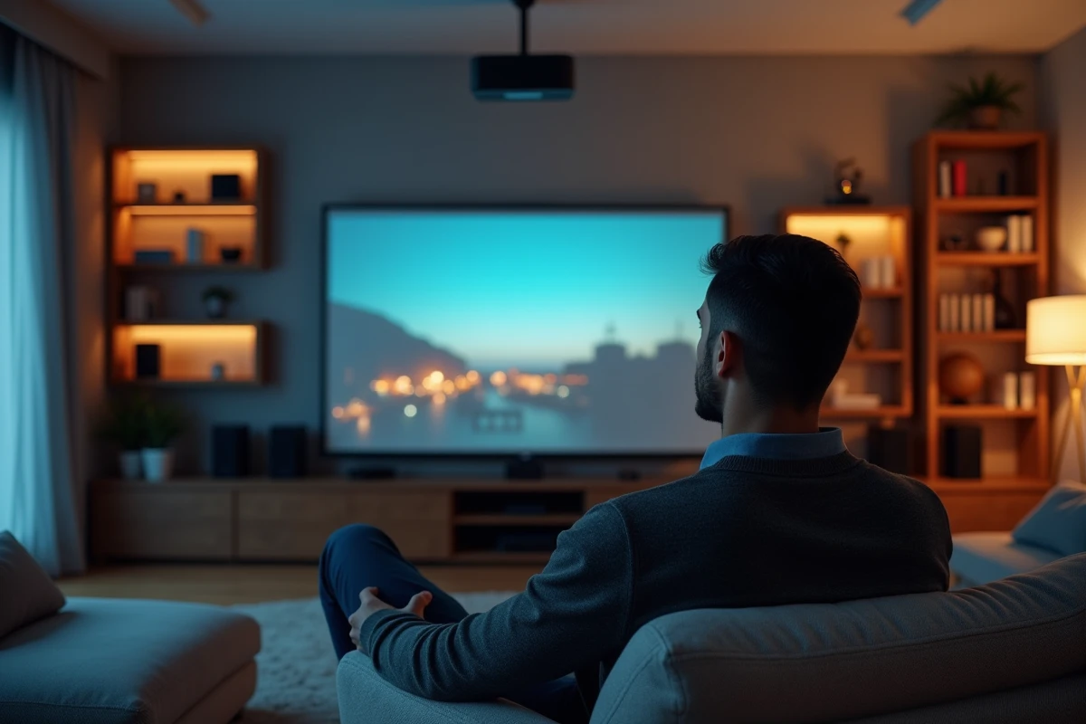 Homme comparant deux écrans dans un salon cosy