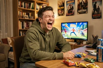Jeune homme hilare devant son écran d'ordinateur réagissant à un mème du film Le Roi Lion
