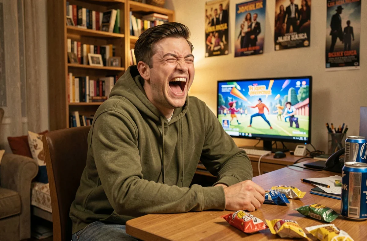 Jeune homme hilare devant son écran d'ordinateur réagissant à un mème du film Le Roi Lion