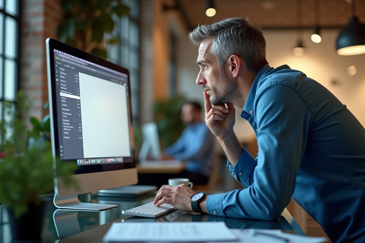 Homme comparant des sites alternatifs à Wikio sur un grand écran de bureau