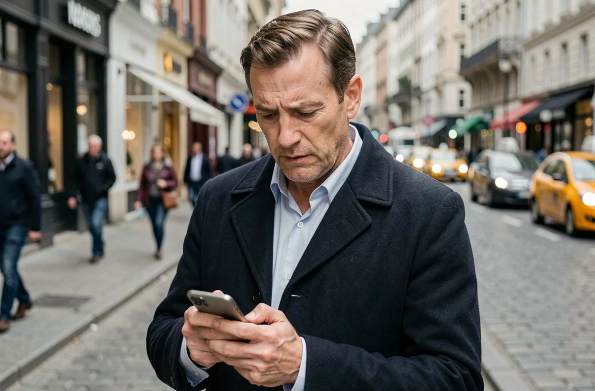 Homme en manteau examinant un numéro international sur son téléphone dans une rue urbaine