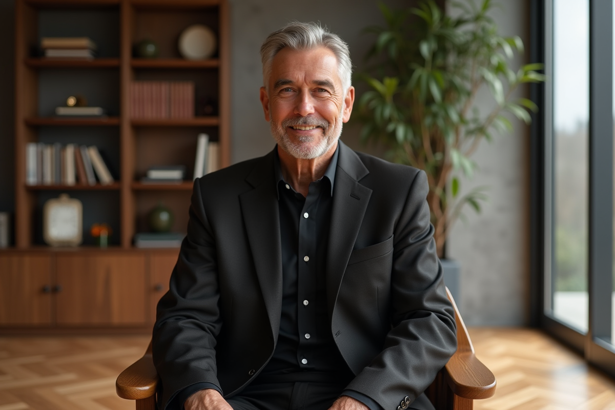 Homme en costume noir dans un intérieur contemporain