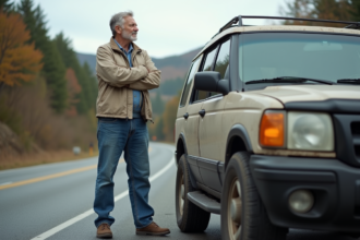 Homme d'âge moyen examine sa voiture en extérieur