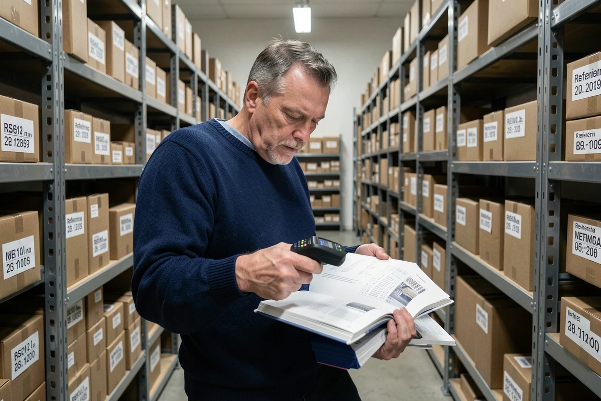 Homme professionnel scannant des codes ISBN dans une salle d'archives d'une maison d'édition