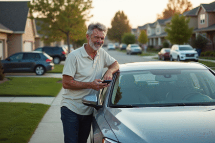 Homme d'âge moyen avec voiture en banlieue