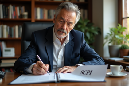 Homme d'âge mûr signant un document dans un bureau professionnel