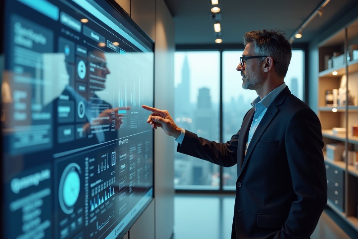 Homme d affaires pointant une interface web sur un grand écran