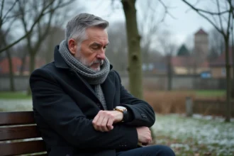 Homme d'âge moyen regardant sa montre dans un parc à Agen