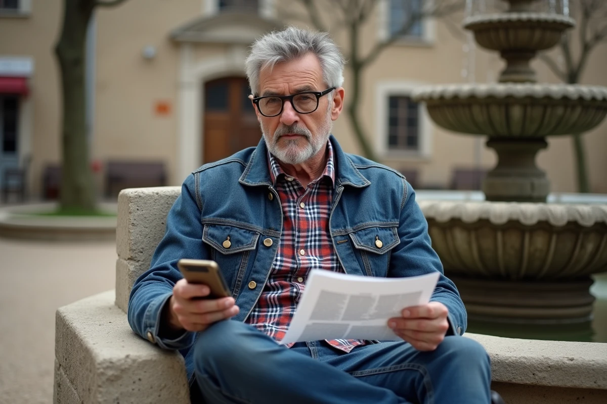 Homme d'âge mûr vérifiant des informations locales sur smartphone et document imprimé dans une place de village française