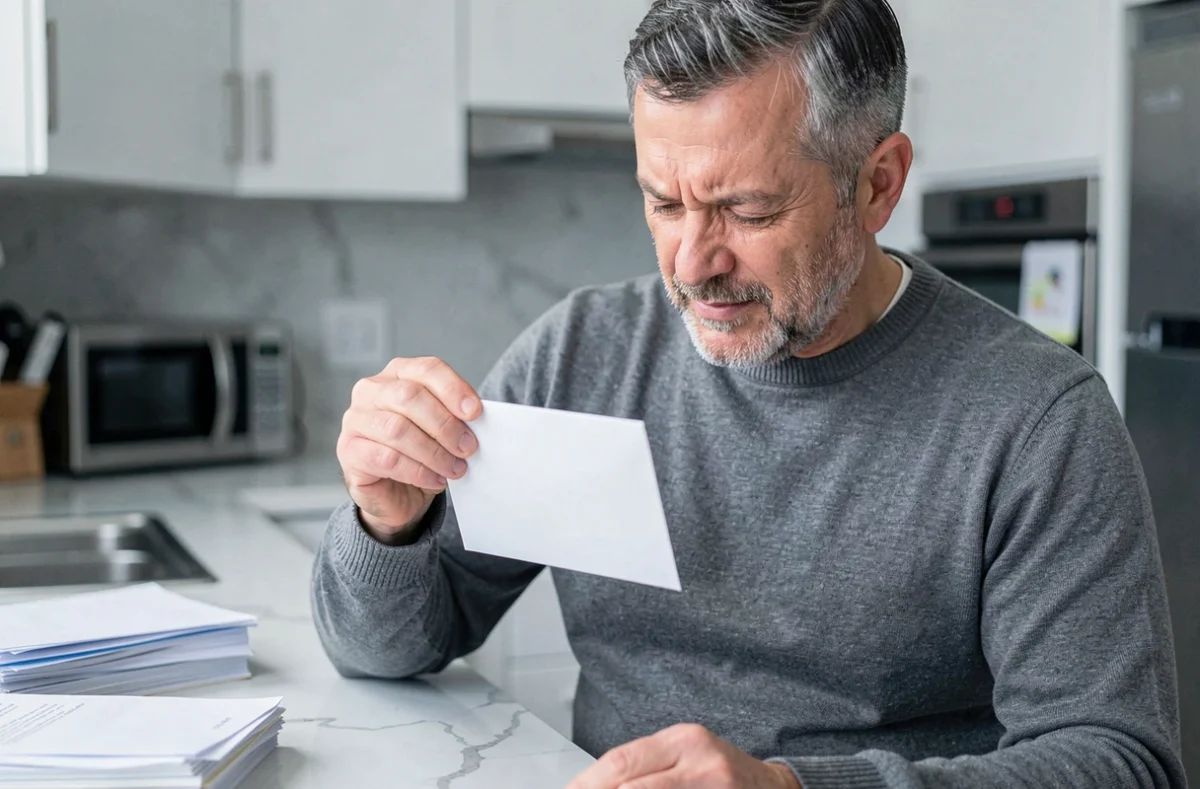 Homme tenant une enveloppe et vérifiant l'emplacement du timbre dans une cuisine moderne