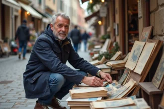 Homme d'âge moyen triant des livres vintage en plein air