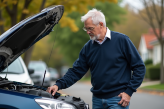 Homme d'âge moyen examine le moteur de sa voiture devant une maison
