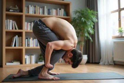 Homme en stretching doux sur un tapis dans un salon moderne
