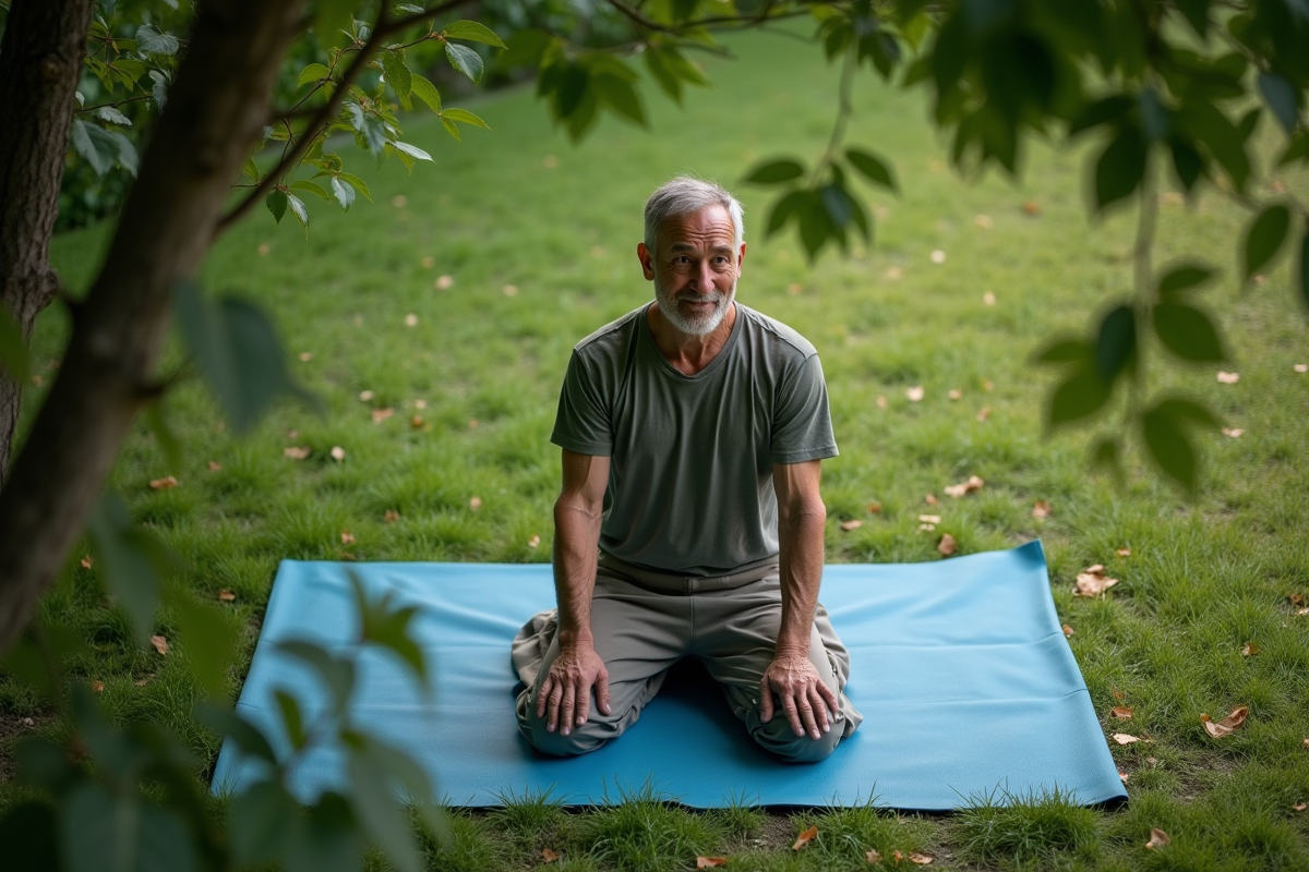 Homme en position de yoga dans un jardin calme