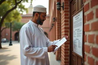Homme consultant les horaires de prière affichés à l'entrée d'une mosquée à Toulouse