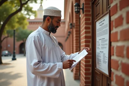 Homme consultant les horaires de prière affichés à l'entrée d'une mosquée à Toulouse