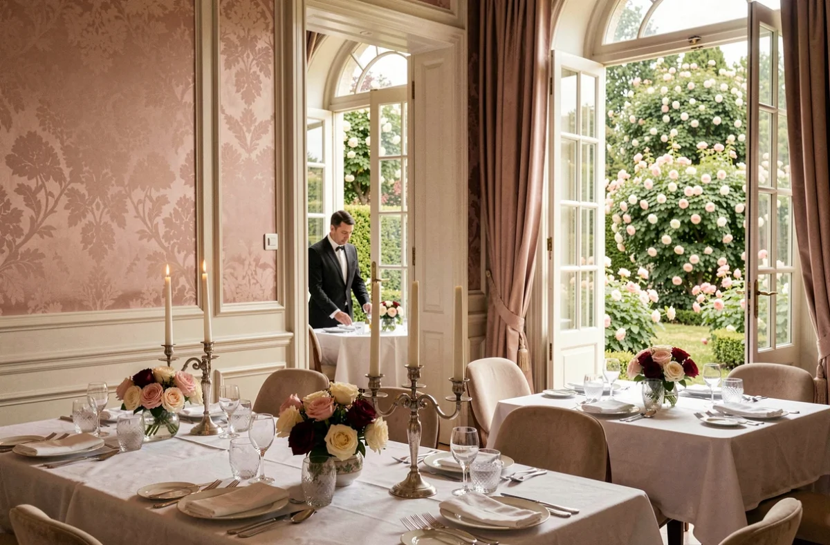 Salle de réception de l'Hôtellerie du Val Rose avec boiseries blanches, tables en porcelaine et portes-fenêtres ouvrant sur un jardin de roses