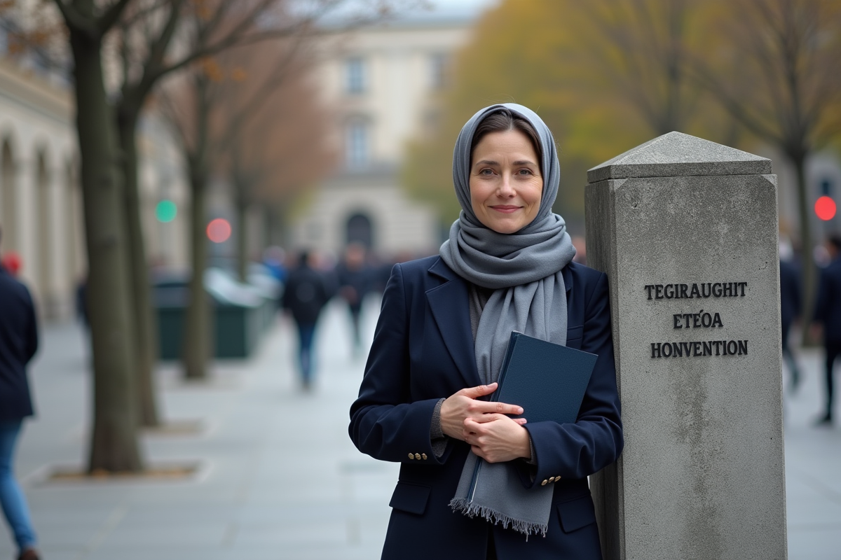 Femme humanitaire devant panneau geneva conventions en plein air