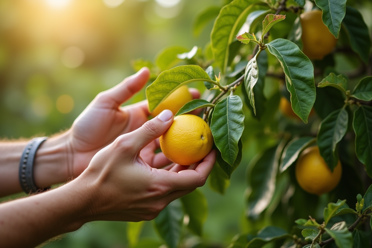 Jardinier inspectant des feuilles abîmées de citronnier au matin