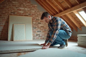 Homme moyenâgeux installant des panneaux d'isolation dans un grenier