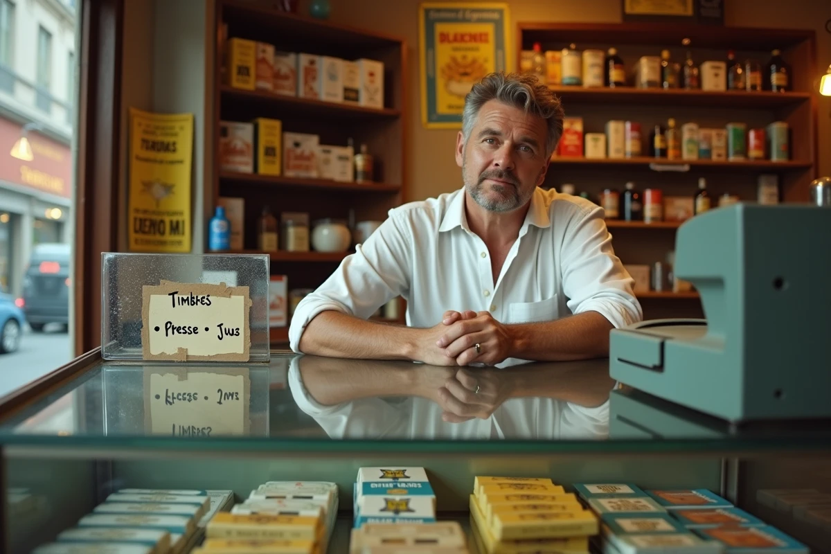 Intérieur d'une civette parisienne avec comptoir, présentoir à cigarettes et buraliste derrière la caisse