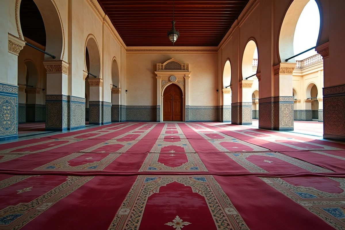 Intérieur d'une mosquée à Toulouse avec tapis de prière alignés avant l'heure du salat