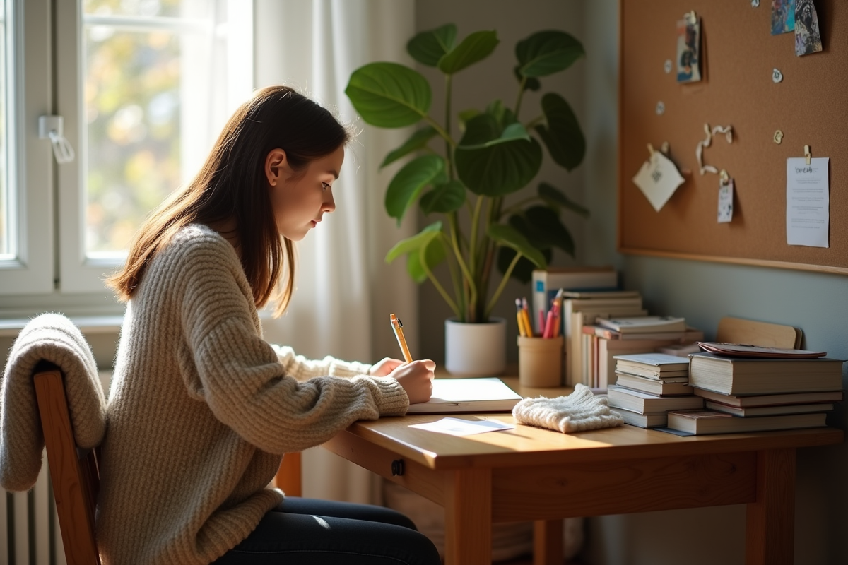 Adolescente demigirl écrivant dans un journal dans sa chambre
