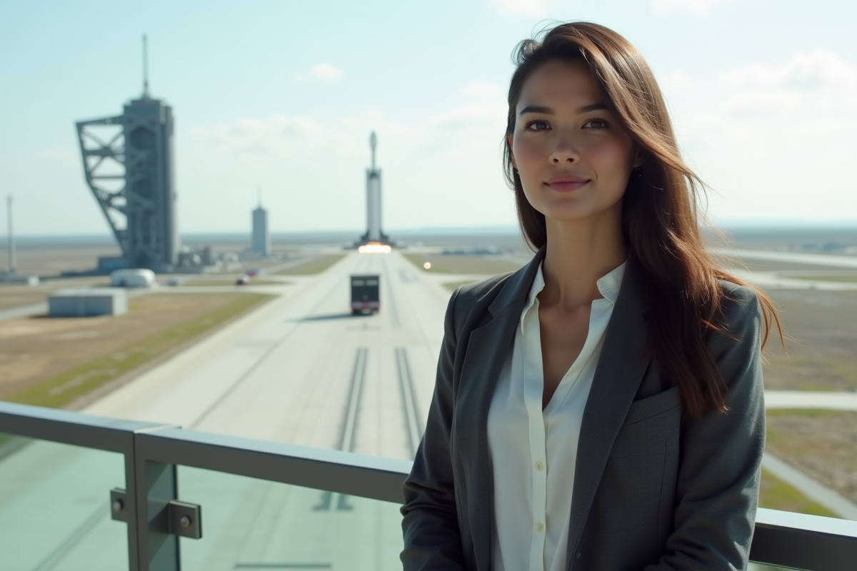 Jeune economiste femme sur plateforme regardant espaceport