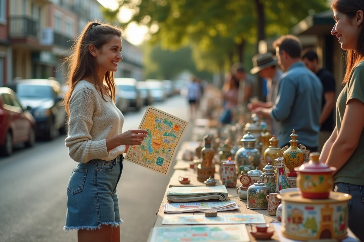 Jeune femme souriante à une vente de garage en extérieur