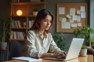 Jeune femme au bureau moderne en train de travailler
