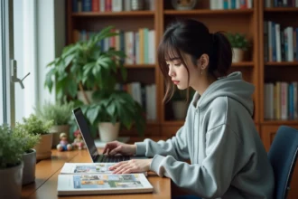 Jeune femme lisant manga sur un ordinateur dans un appartement