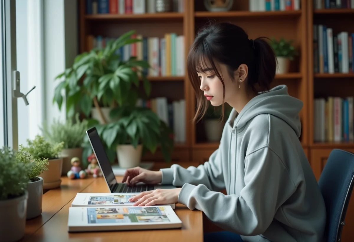 Jeune femme lisant manga sur un ordinateur dans un appartement