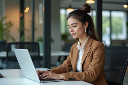 Jeune femme au bureau en coworking travaillant sur son ordinateur