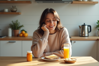 Jeune femme buvant jus d'orange au matin dans une cuisine lumineuse