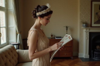 Jeune femme en robe flapper des années 1920 en train de feuilleter un magazine