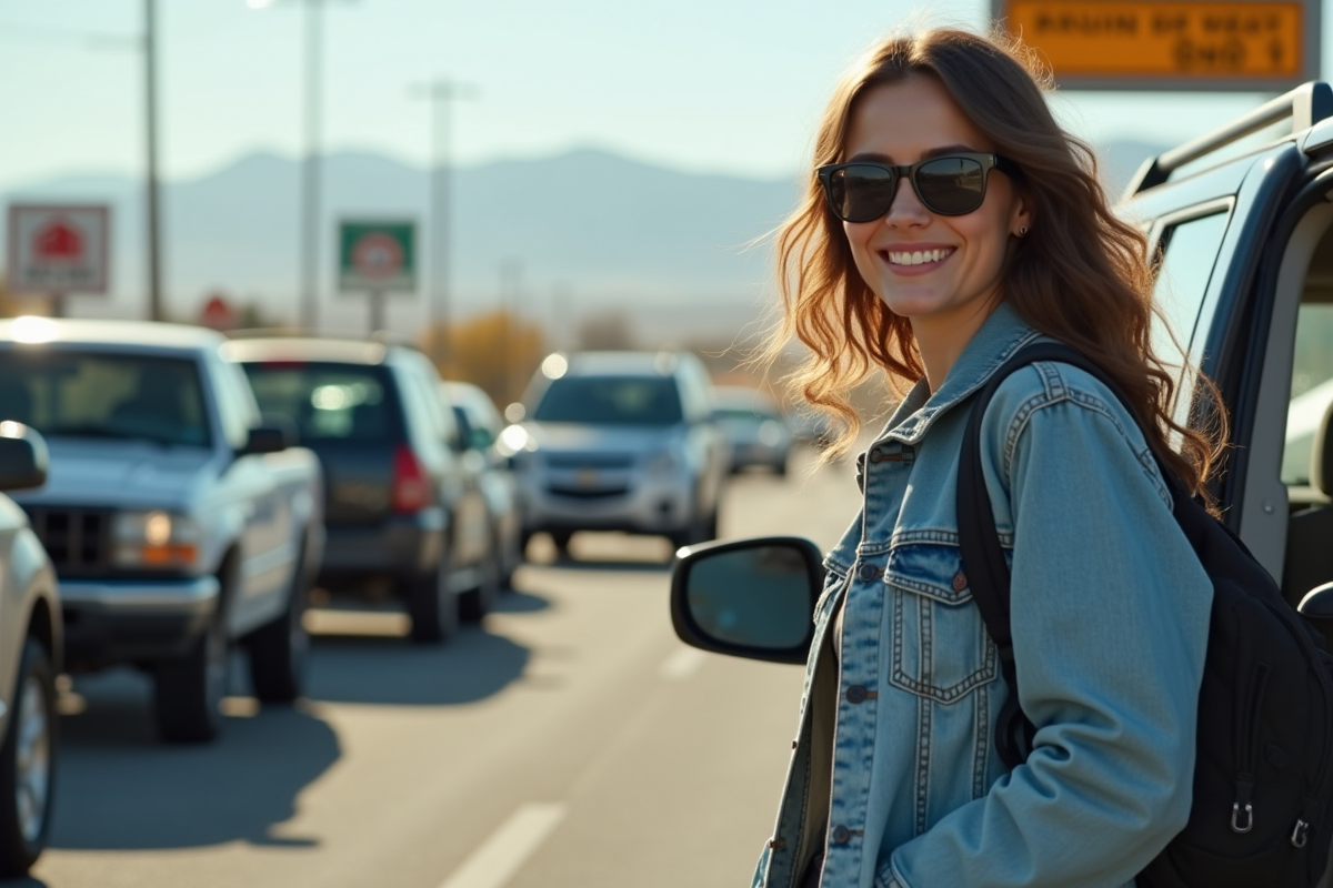 Jeune femme souriante faisant le plein d